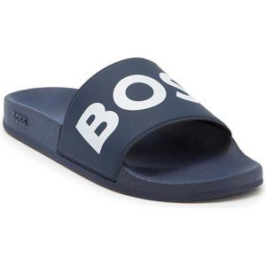 BOSS Italian Slides Logo Strap Contoured Sole Navy Blue Size 9 Mens Slides Shoes